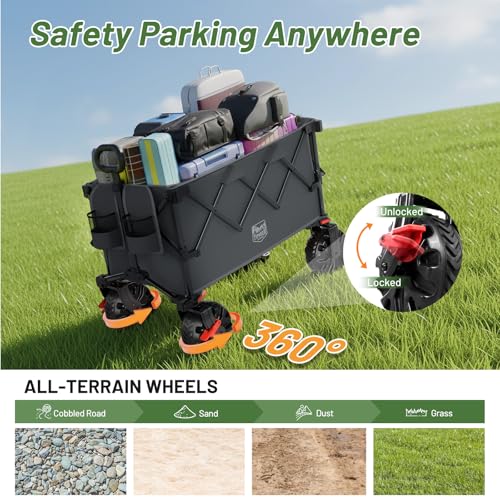 Image of Timber Ridge Outdoor Collapsible Folding Wagon with Brakes and Cup Holders, 500lbs Heavy Duty All Terrain Wheels Utility Cart for Shopping Camping Garden Sports, Grey