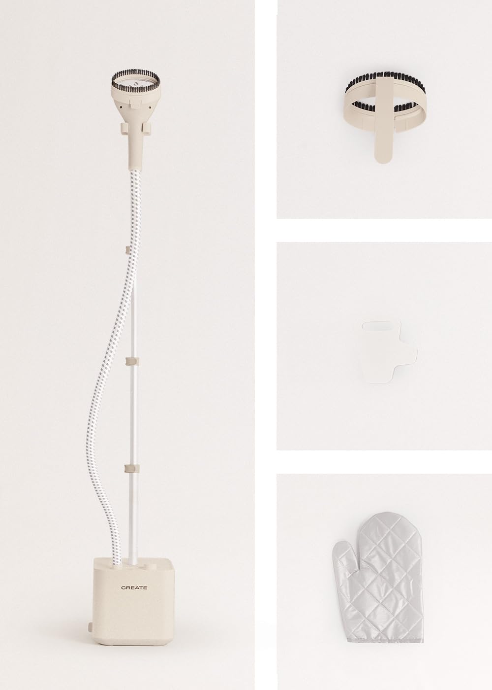 CREATE/IRON UP STAND/Plancha de vapor vertical con base Blanco Roto/Tubo telescópico plegable, cepillo de 9 puntos de salida, Capacidad 1,6L, Planchado vertical, vapor, y en seco, 1600W