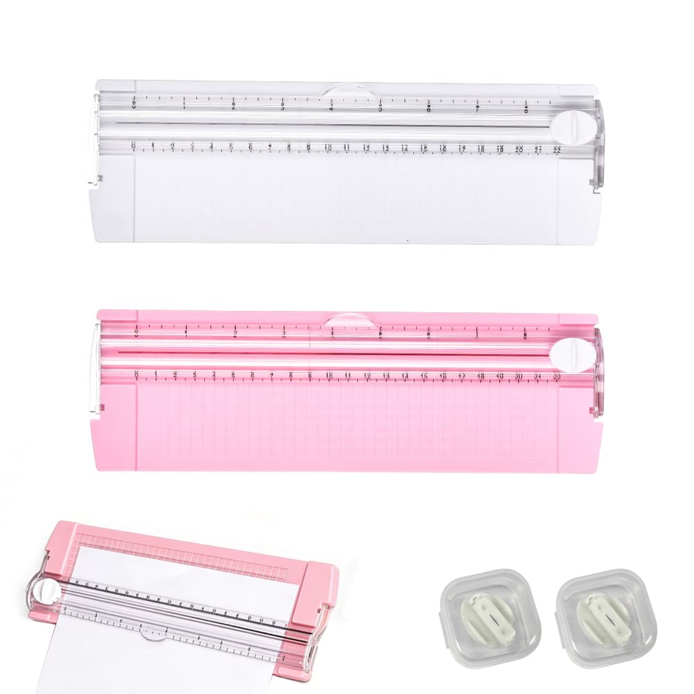 2-Pack Portable A4 Paper Trimmer Set - White & Pink Mini Paper Cutters with 2 Extra Replacement Blades - Precision Scale & Safety Guard for Photos, Crafts & Office - Great Value 4-Piece Kit