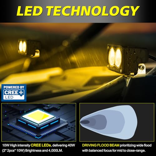 Image of Amber LED Pods, AKD Part 3 Inch Flood CREE LED Fog Lights 40W Small Amber Chase Lights Off Road Driving Ditch Lights Pods 2 Packs for Truck Pickup Motorcycle SUV UTV ATV Dirt Bike Surron
