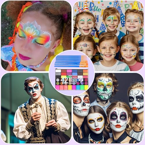 Image of 42 Color Face Painting Kit, Water Activated Face Paint Kit, Safe for Sensitive Skin Easy to Use, With Stencils & Brushes, Facepaint Makeup Kit for Parties, Birthdays, Halloween