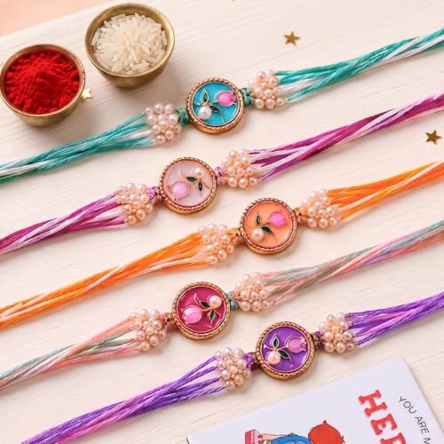 Image of ascension Set of 5 Floral Designer Rakhi Set for Brother, Bhai Combo for Bhaiya & Sister Bracelet with Roli Tilak & You are My Hero Fridge Magnet for Raksha Bandhan Gift