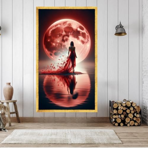 Toile scène nocturne premium avec reflets dramatiques et lune rouge