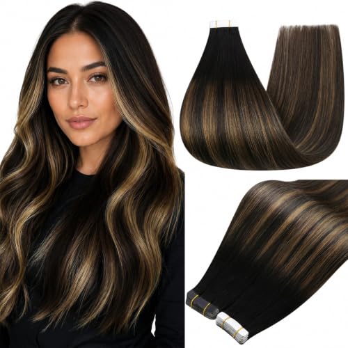 Full Shine Tape In Extensions Human Hair, Black Brown 20 Inch