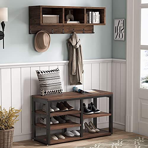 Tribesigns Industrial [Shoe] [Rack] [Bench] with Coat [Rack] Set with Hall Tree, 3 Storage Cubbies, 7 Hooks for Entryway, Hallway, 5-in-1Design, Rustic Brown