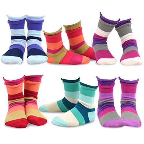TeeHee Kids Girls Cotton Basic Crew Socks 6 Pair Pack (3-5Y, Flower)