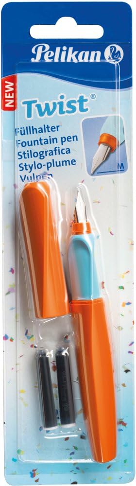 Pelikan Twist Fountain Pen, Medium Nib, Orange/Light Blue Pen with 2 Ink Cartridges (923383)