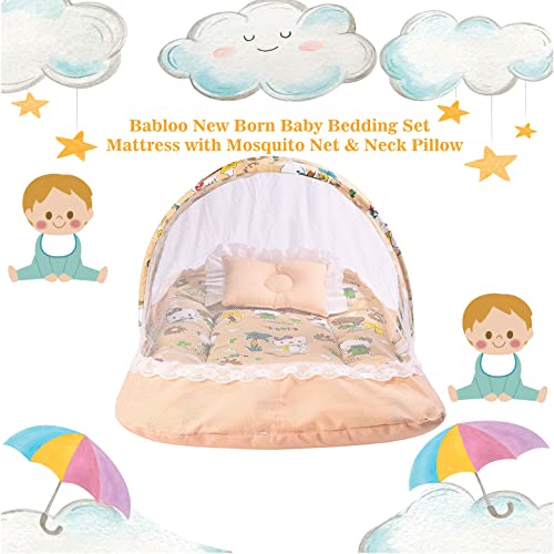 Image of Babloo Baby Bedding Set - Newborn Baby Bed with Mosquito Net, Mattress, Folding Travel Bed - Cotton, Orange (0-6 Months) - Boys & Girls Gift