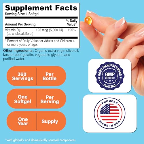 Image of Health Thru Nutrition Vitamin D3 5000iu 360 Mini Softgels for Maximum Benefit Year Supply | 125mcg Cholecalciferol | 3rd Party Tested | Non-GMO USP Grade in Organic EVOO | Immune Health Support