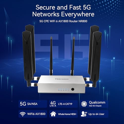 Image of 5G NR Router SA /NSA CPE,WiFi 6 Modem Router with Sim Card Slot,Wireless 5G Cellular Modem up to 3.47Gbps,Cat19,Qualcomm SDX62,6PCS Detachable Antennas,4 x 4 MIMO,Global Version