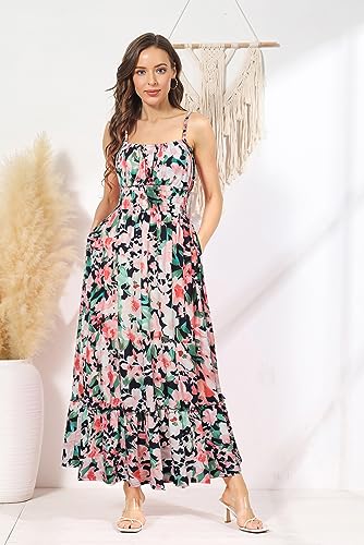 Image of GRACE KARIN Summer Dresses for Women 2026 Vacation,Smocked Floral Maxi Dress,Boho Beach Sundress with Pocket Fashion Clothing