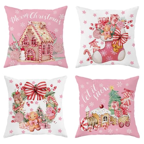 Gingerbread House Throw Pillow Covers Candy Cane Christmas Stocking Train Gift Pink Fun Cute Winter Linen Cushion Cover 18×18 Inch Set of 4 Suitable for Christmas Party Living Room Bedroom Sofa Bed