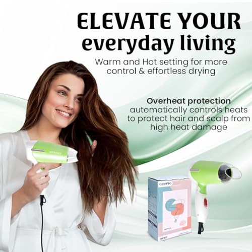 Image of GUSTTO Foldable Hair Dryer 1100W | Compact Travel-Friendly Hair Dryer with Foldable Handle, Hanging Ring, 2 Heat & Speed Settings, Narrow Concentrator, Lightweight & Portable (Lush Green), BIS Certified