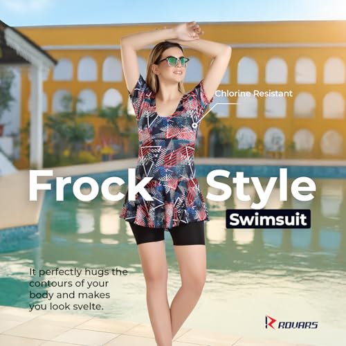 Image of ROVARS Poly Jersy - Printed Swimming Costume for Women Frock Style [Half Sleeves - Half Length - Without Pads]