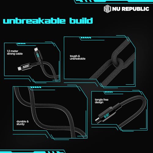 Image of Nu Republic Blaze Fusion Spot 100W with Over 70K bend life, 60K insertion tested, Powerblitz Technology, Led Display Indicator, Nylon Braided Carbon Data Charging Cable (Type-C To Type-C, Black)