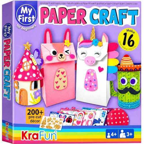 KRAFUN Kit di Artigianato in Carta Unicorno e Coniglietto per Bambini 3-8 Anni, 16 Progetti Fai da Te, Sacchetti, Piatti, Istruzioni, Scatola Riutilizzabile