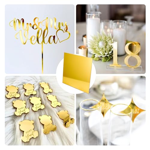 Image of 5pack Mirror Acrylic Sheets, 12 inch x 12 inch Opaque Glossy Mirror Plastic Sheet with 1 /8 Inch(3mm) Thickness, Rigid Tinted Mirror Acrylic for Cutting, Sawing, Laser Cutting (5, Gold, 12X12)
