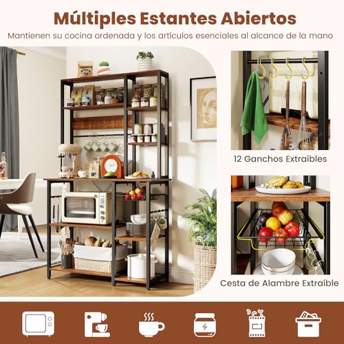COSTWAY Estantería de Cocina, Armario de Cocina, Mueble para Microondas de 6 Niveles con Estantes Abiertos de Madera, Ganchos y Cesta, Marco Metálico, Organizador Almacenaje Cocina para Aparatos - imagen 4