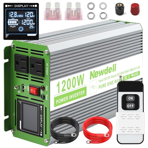 Image of Newdeli 1200W Pure Sine Wave Inverter 12V to 110V 120V AC Converter Car Power Inverter for Vehicles RV Truck Solar Outdoor with 2 AC Socket, 5V 3.4A USB, LCD Display and Remote Controller