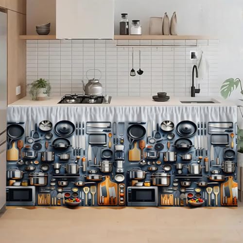 Image of Premium Printed Kitchen Sink Curtain | Washable & Dustproof Rod Pocket Counter Skirt | Perfect for Any Sink | Multicolor Cooking Theme Decor for Home & Kitchen(150cm X 70cm) (Vasan)