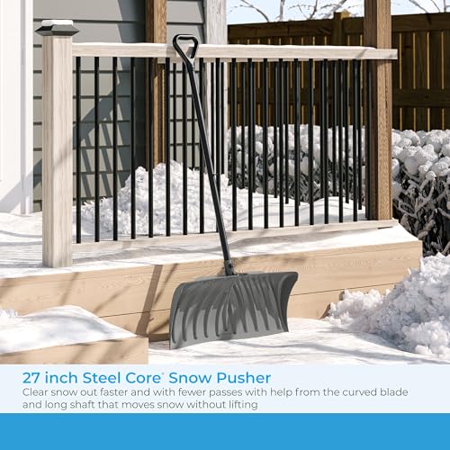 Suncast 27” Steel Core Snow Pusher with Curved Blade, D-Grip Handle, Steel Shaft, Heavy-Duty Snow Removal Tool for Effortless Clearing by Suncast - Image 2