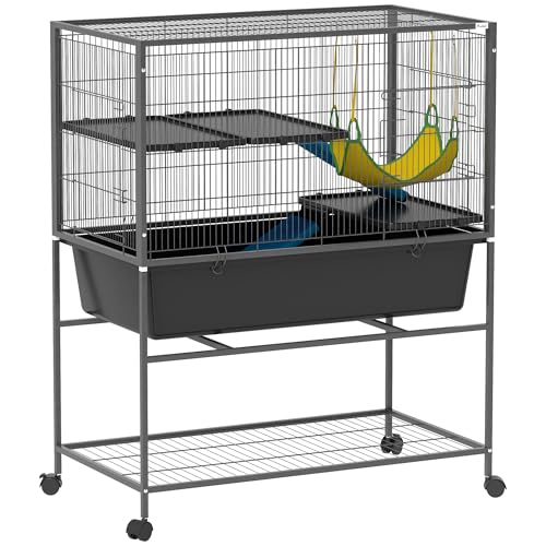 PawHut Jaula Grande para Hurones de 3 Niveles Jaula para Conejos con Ruedas Rampas Hamaca y Bandeja Extraíble Jaula para Animales Pequeños Roedores Chinchillas 88x48x102 cm Gris Oscuro