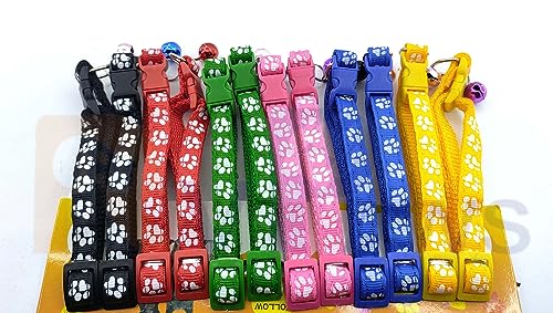 Image of Woofy Polyester Cat Collars - Paw Print Design, with Bell, Adjustable Strap and Safety Release Buckle, Modern Paw Print Design for Your Cute Cats (Pack of 2 Pcs) Random Color, 30 x 1 cm, multicolor