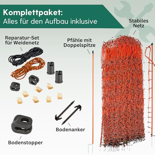 Agrarzone® Schafnetz Schafzaun mit Strom [Orange- 50mx108cm] - Weidezaun Elektro Netz - Mit Doppelspitze & Pfähle - Schutzzaun für Schaf Ziege Lämmer - Elektro Zaun Geflügelzaun Ziegenzaun Schafzäune
