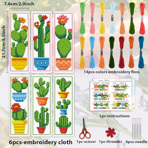 Image of ACRNIGHEET 6PCS Cactus Cross Stitch Bookmark Kit for Beginner Stamped Cross Stitch Kits for Adults DIY Embroidery Bookmark Kits Crossstitch Kits Adult with Instructions Hand Craft Gift 11CT