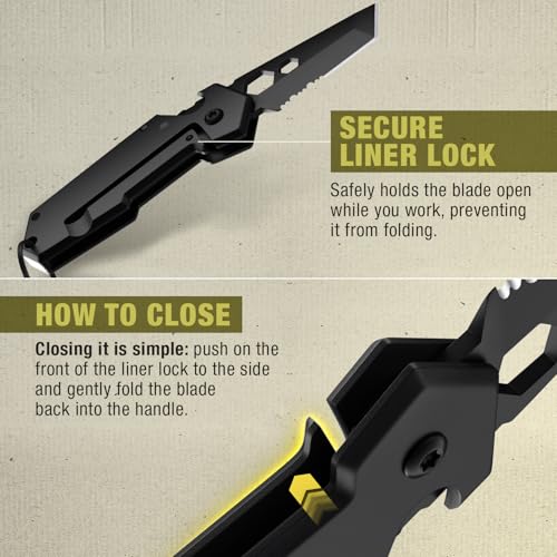 Image of Mini Keychain Knife with Carabiner - 1.3 inch Tanto Serrated Blade - 6 in 1 Black Multitool - Bottle Opener Box Cutter Liner Lock - EDC Gadgets - Legal Folding Small Pocket Sashimi Knives Pocket - 2248