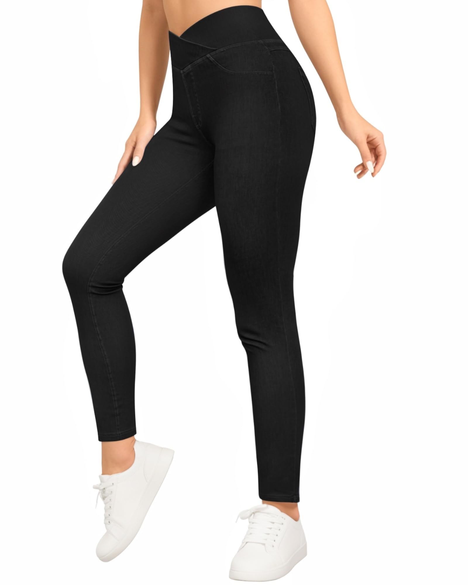 Women's High Waisted Jeggings V Cross Jeans Skinny Pull On Stretchy Leggings with Back Pockets