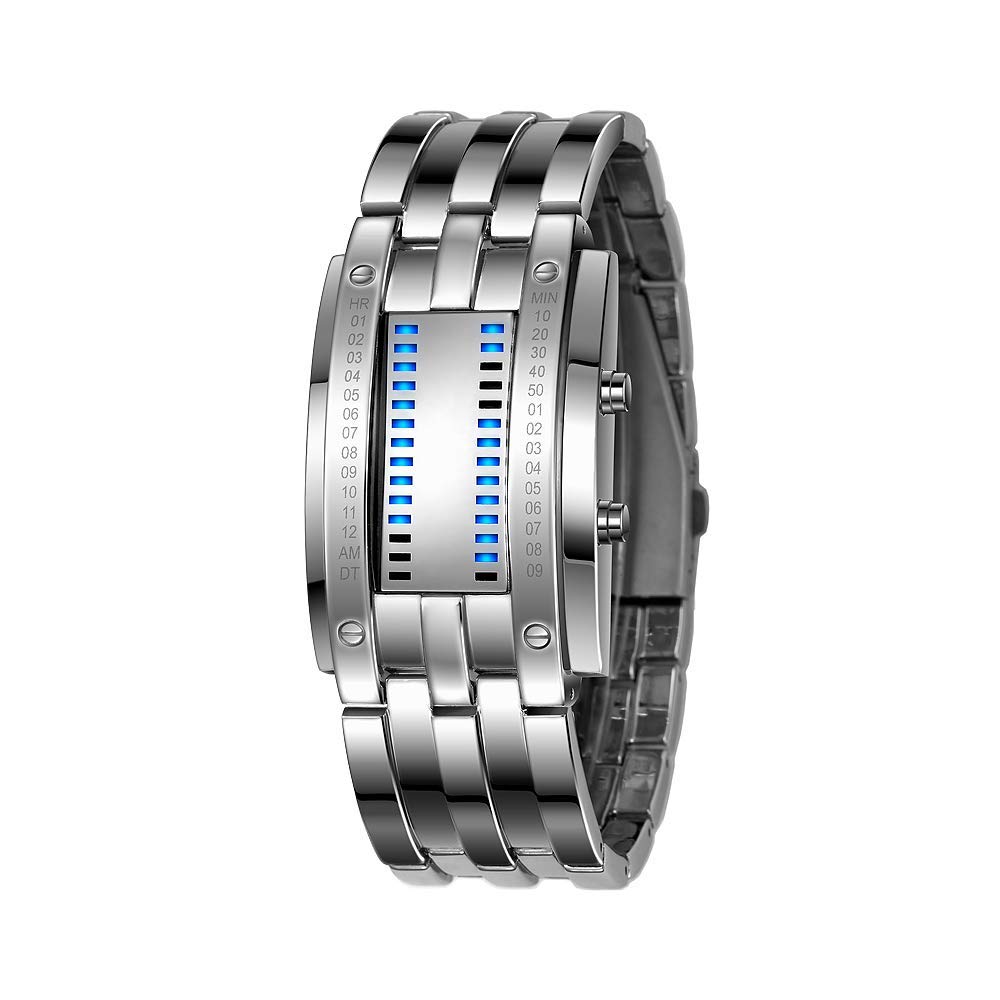 Binario Relojes Digitales de Hombre y Mujer Rectangular Acero Inoxidable del Bisel Azul LED Luminosidad Fashion Unico Casual Calendario Reloj de Pulsera, Plateado