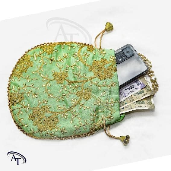 Image of AT Traders Embroidered Potli Bag Pack of 24 | Leaf Floral Design With Moti Handle Batwa Bag | Traditional Shagun Potli for Return Gifts | Ideal for Mehandi, Haldi, Baby Shower, Wedding, Sangeet