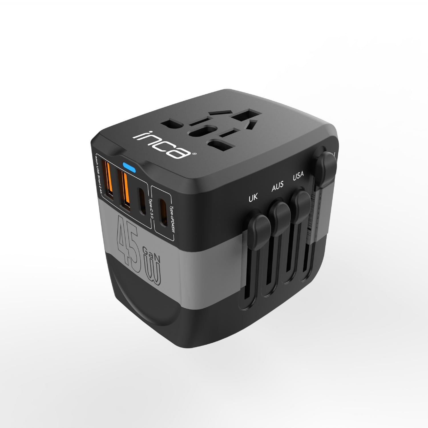 inca IPW-45SA adapter podróżny na całym świecie, 45 W, wtyczka podróżna z 2 USB-C, 2 USB-A, szybkie ładowanie PD 45 W, międzynarodowy adapter do gniazda wtykowego do USA/UE/UK/OFF – ponad 150 krajów