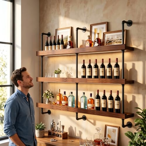 Image of HOUSESET 36 /48 /60 /72 /84in Wine Wall Rack with Led Lights, 3-Tiers Modern Pipe Liquor Bottle Display Shelf, Bar Shelves Wall Mounted for Commercial Bar, Restaurant, Home