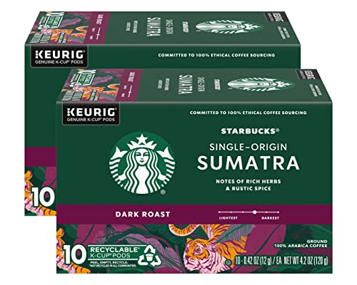 Image of Starbucks Coffee Company Starbucks Single-Origin Coffee K-Cup Pods, Sumatra, Dark Roast Ground Coffee K-Cups for Keurig Brewing System, 100percent Arabica Coffee, 10 CT K-Cups /Box (Pack of 2 Boxes)