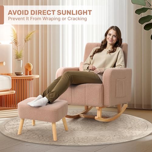 Image of HCHAIRH Rocking Nursery Chair with Ottoman, Upholstered Glider Rocker with High Backrest and Side Pocket, Comfy Reading Chair with Solid Wood Legs for Nursery, Living Room,Bedroom Coffee