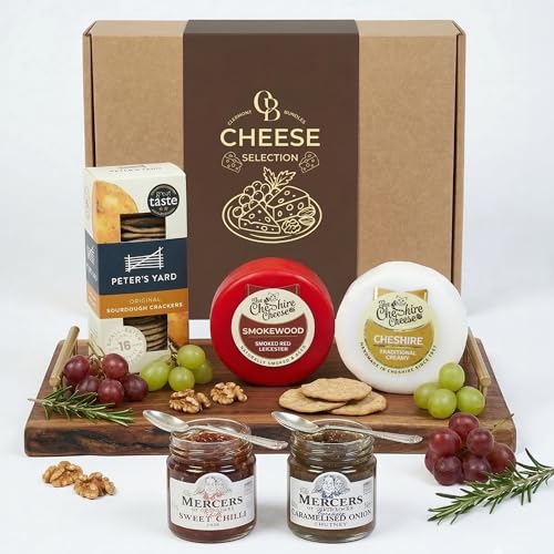 Cheese Hamper Gift Set - Including Cheshire Cheddar & Smoke Wood Red Leicester Paired With Chutney and Sourdough Crackers. Cheese Board Gift Set Great for All Occasions Birthday Picnic and More