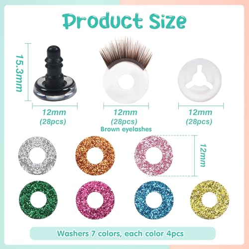 TOAOB 28pcs Plastic Safety Eyes 12mm Glitter Safety Eyes with Washers and Brown Eyelashes for Amigurumis Craft Crochet Eyes for DIY Puppet Bear Stuffed Animal Doll Making - Image 2
