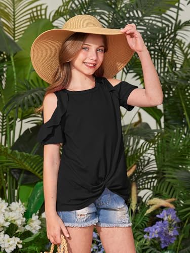 BesserBay Girl's Cold Shoulder Twist Knot Front Tunic Shirt Ruffle Trim Crew Neck Short Sleeve Tee 6-14 Years 5
