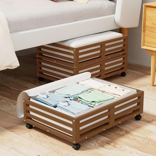 Image of Bamboo Under Bed Storage Containers- Underbed Organizer with Wheels with Large Capacity Dust Bag,Sturdy Wood Rolling Under Bed Shoe Storage Organizer 2 Packs (Walnut, 2 Packs (23.62"×16.54"))