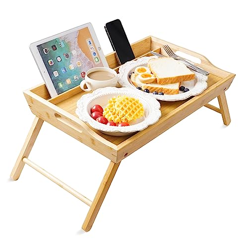 unycos - Bandeja para Cama de Bambú con Borde Alto (55 x 35 x 26.5 cm) Mesa con Patas Plegables par