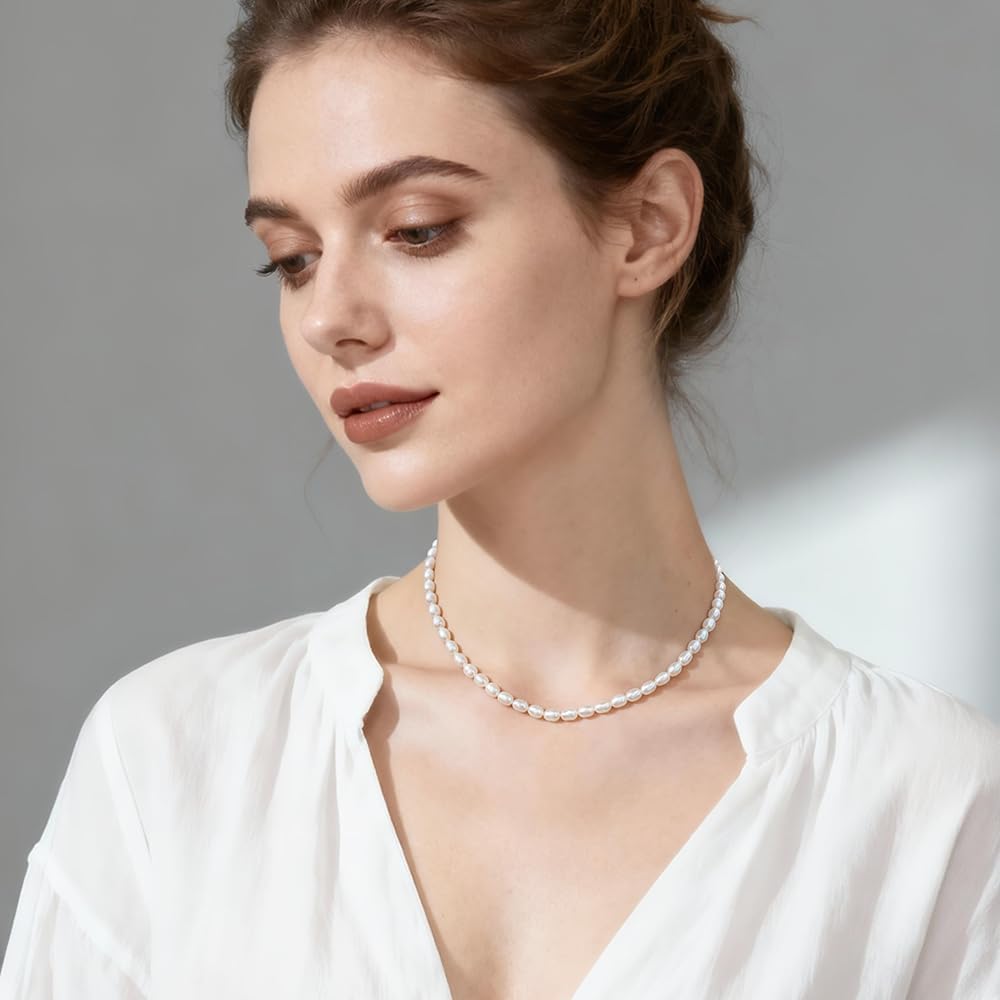 JaruJaru 3mm 4mm Handmade Rice Pearl Strand, Oval Freshwater Pearls in White, Purple&Coral Pink, Essential Minimal Pearl Necklace for Women, 40cm with 5cm Extender, Ideal for Layering