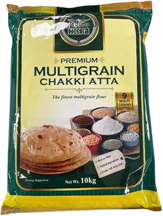 Heera Premium Multigrain Chakki Atta Pack of 1 - Indian Wheat Flour Grain - Mixture of Grains and Seeds for Baking Flatbreads, Roti, Naan, Chapati and Puri - 10kg Bag