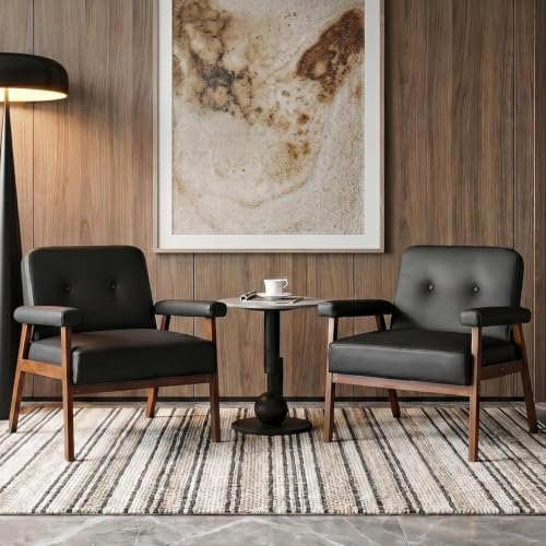Image of Upholstered Accent Chairs Set of 2, Black Leather Chair | Wood Frame, Reading Arm Chair, Mid-Century Modern, Comfy, Living Room, Waiting Room