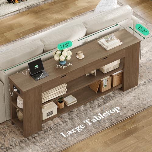 Image of 71.8 Inch Extra Long Console Table with Drawers, Farmhouse Long Console Table with Shelves & Built-in Outlets, Entryway Table with Storage for Living Room, Entryway, Hallway, Brown
