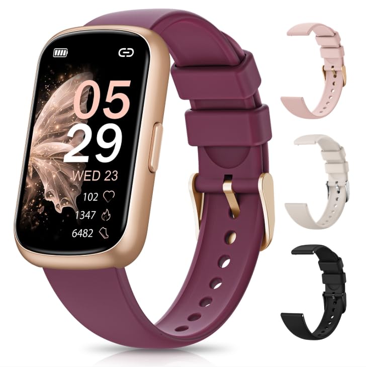 Smart Fitness Watch with Interchangeable Silicone Bands Gold Case Purple Band Digital Display Heart Rate Monitor Step Counter