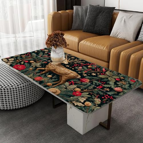 Image of Christmas Deer Forest Desktop Sticker 39.37x23.62In, Vintage Embroidery Style Desk Decal, Easy Clean Table Surface Sticker, Elegant Holiday Decor
