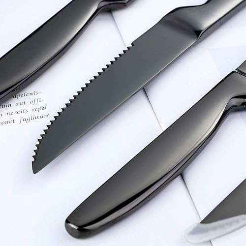 Miniatura 3 de Juego de cuchillos para carne, 4 piezas de cuchillo de carne negro dentado, cuchillo de carne de acero inoxidable para el hogar, restaurante, hotel,