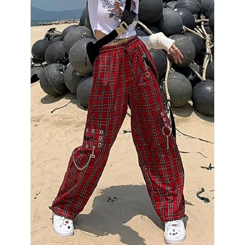 Punk Cargo Plaid Pants Women Gothic Harajuku Red Checkered Wide Leg Trousers for Female Autumn Streetwear Hippie Fashion2